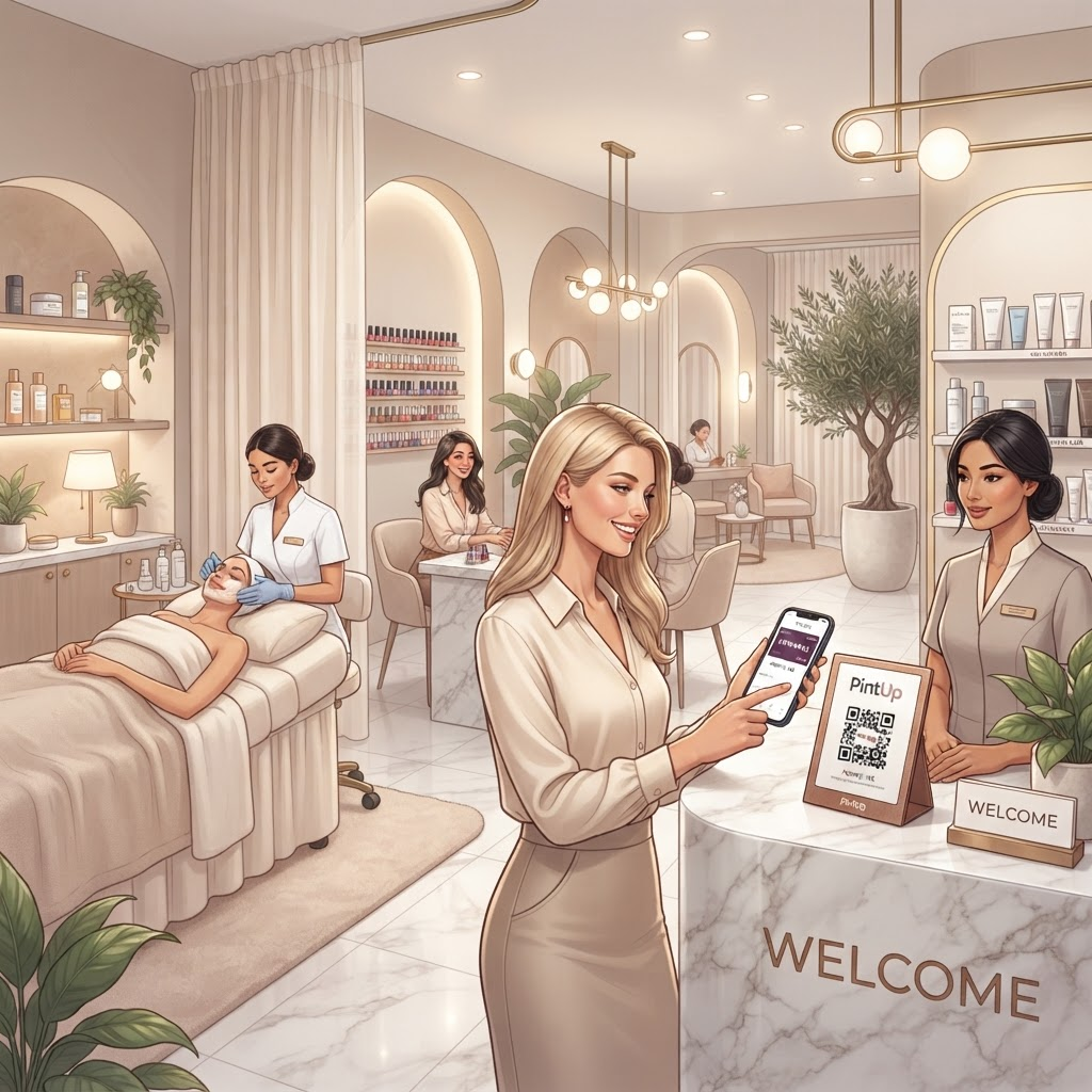 Beauty salon client scanning PintUp QR code at reception