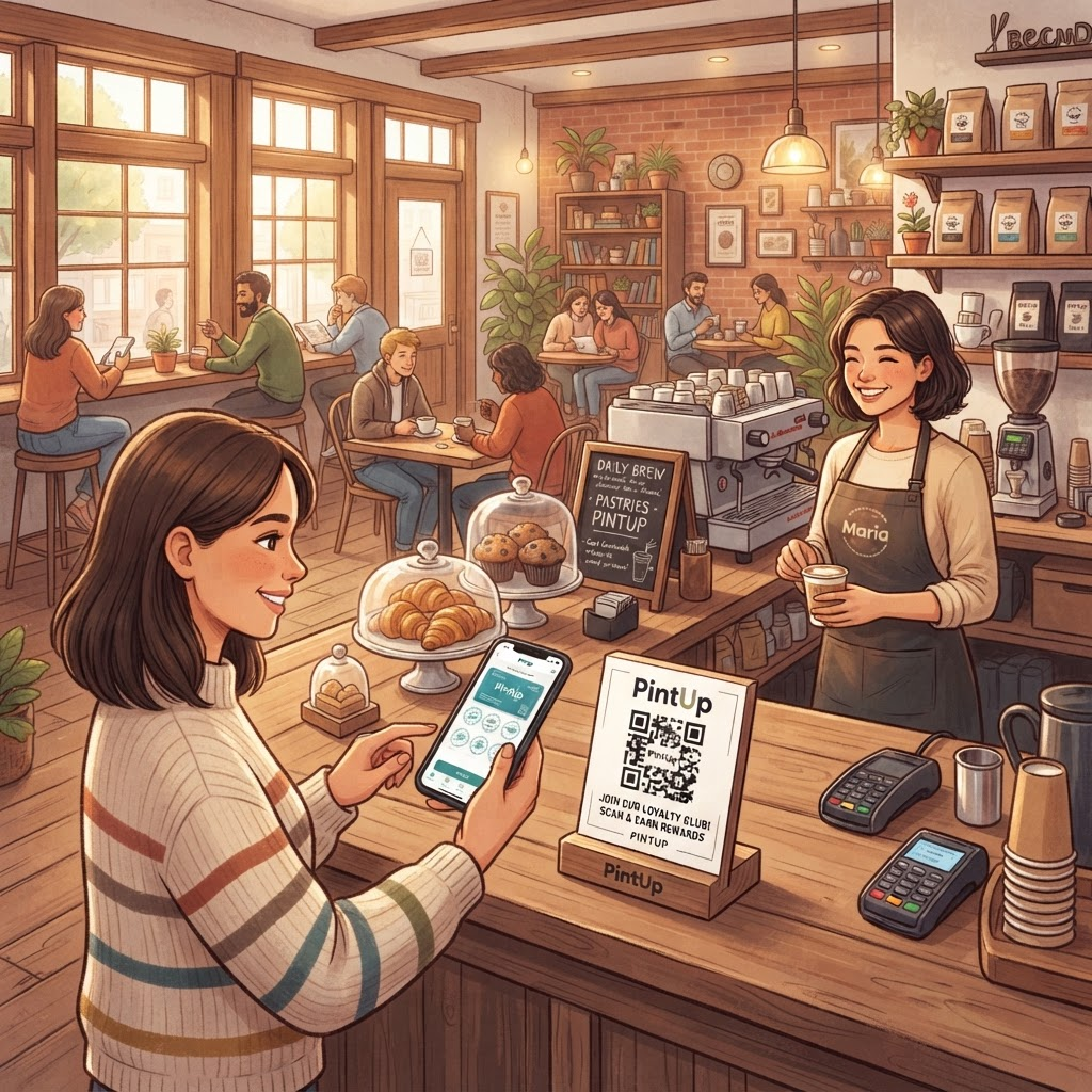 Café customer scanning PintUp QR code at the counter