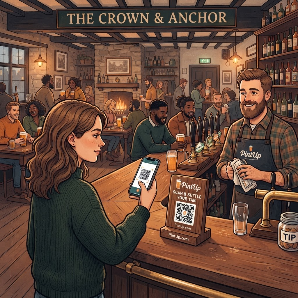 Pub customer scanning PintUp QR code at the bar